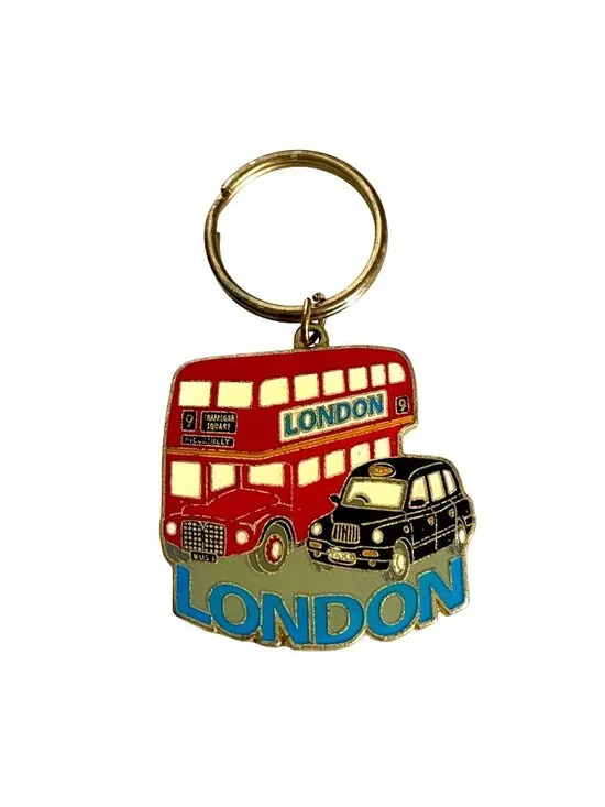 1980 London Taxi Double Decker Bus Lambert Souvenirs Keychain Gold Tone