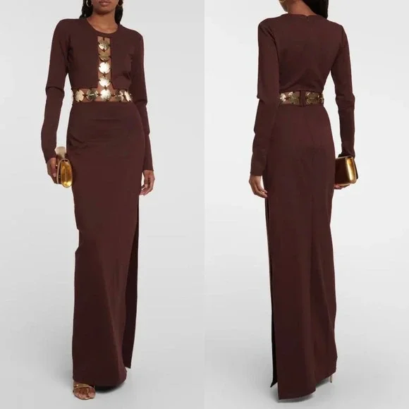 STAUD Delphine Mahogany Brown Cutout Medallion Long Sleeve Maxi Dress Size 2