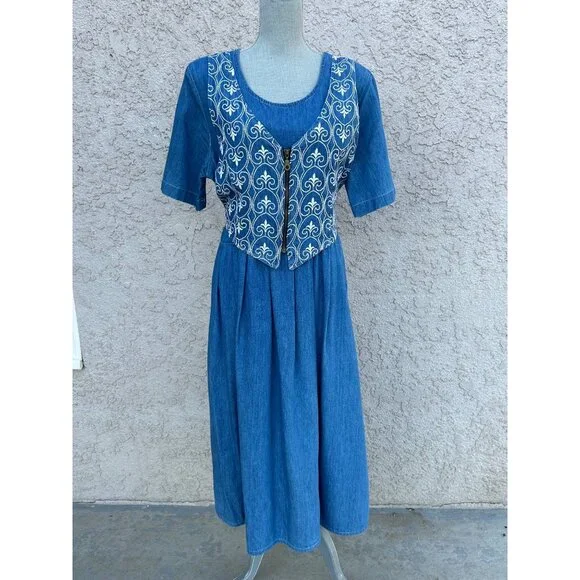 Vintage 90s Chambray Denim Prairie Dress with Vest and Tie Back - Size 16