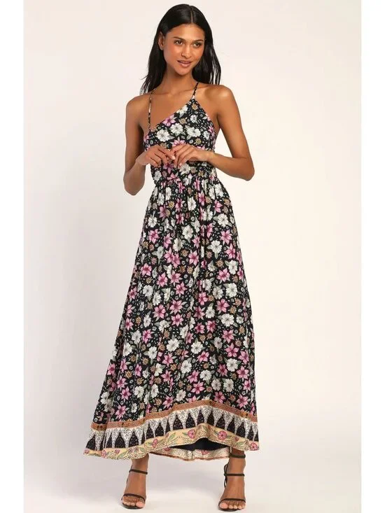NWT Lulus Bohemian Bliss Black Floral Asymmetrical Backless Maxi Dress Small