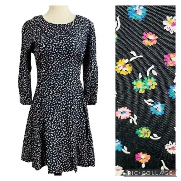 VTG 80s SL Petite Dagger Collar Navy Floral Tie Back Mini Dress Long Sleeves