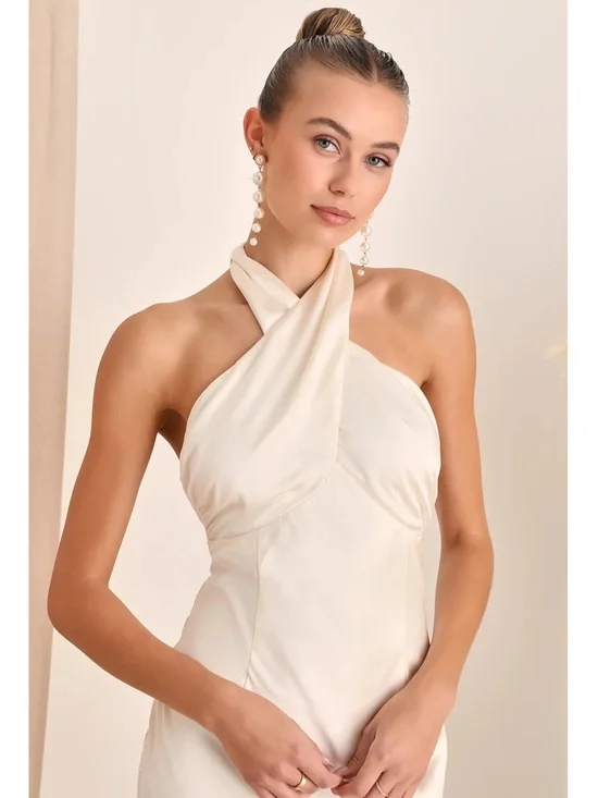 NWT Lulu’s Start of Forever Ivory Satin Halter Mermaid Maxi Wedding Dress Large