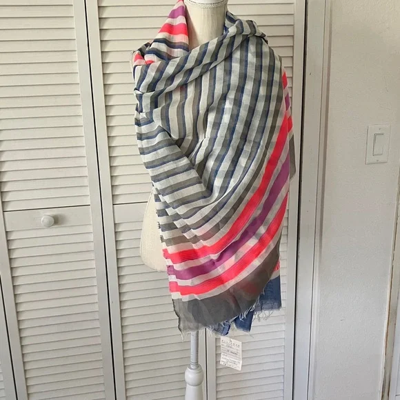 Lightweight Striped Cotton-Blend Scarf in Blue &‎ White with Pink & Red Accents