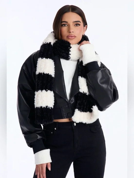 Black & White Faux Fur Striped Scarf – Women