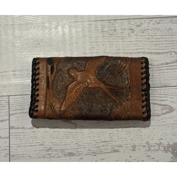 VTG Hand Tooled Leather Bird Floral Mini Key Case Western Whipstitch Tan Brown