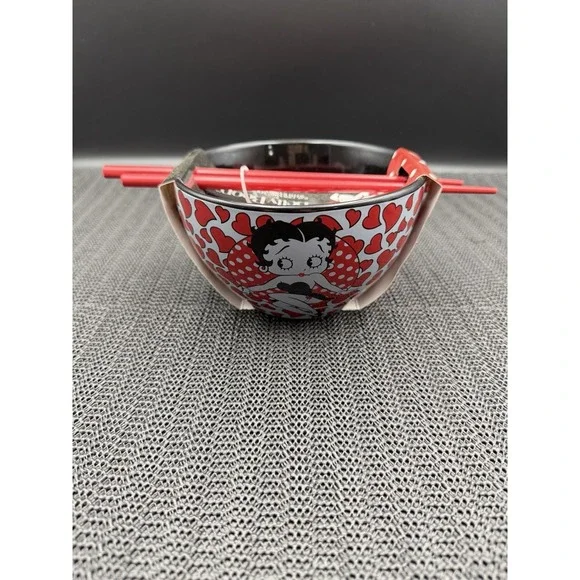 Betty Boop Hearts Ceramic Noodle Bowl Bamboo Chopsticks 20 oz New