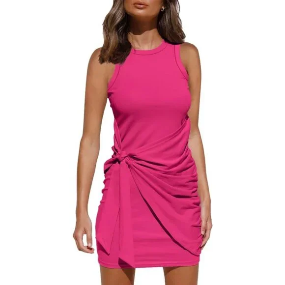Women's Pink Casual Sleeveless Bodycon Beach Tank Ruched Mini Dress