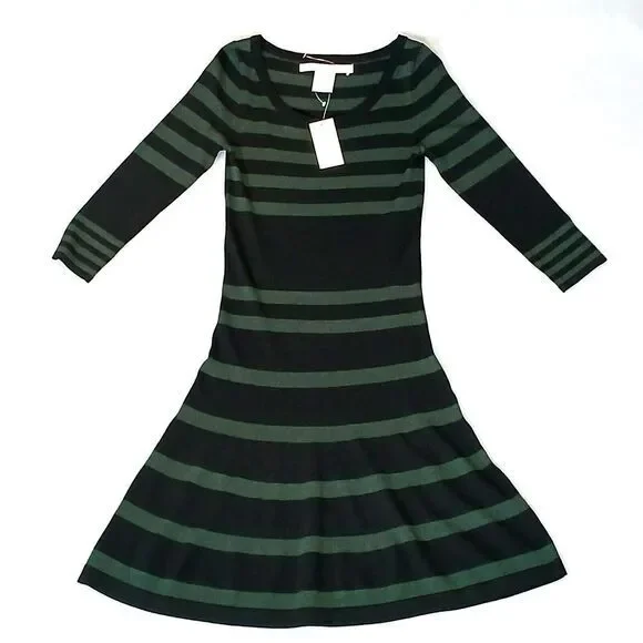 Max Studio Womens Sweater Dress Black Green Knit Stretch 3/4 Sleeve Size XS NEW‎