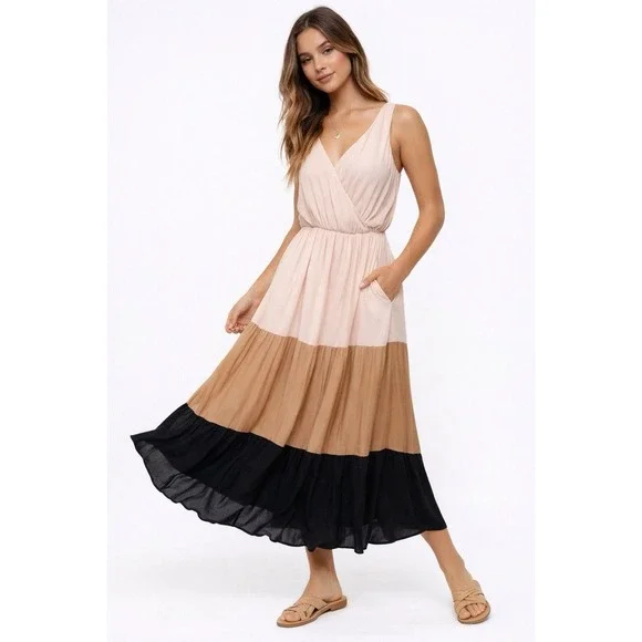 Accent Maxi Dress S/M Colorblock Pink Tan Black Sleeveless‎ Boho