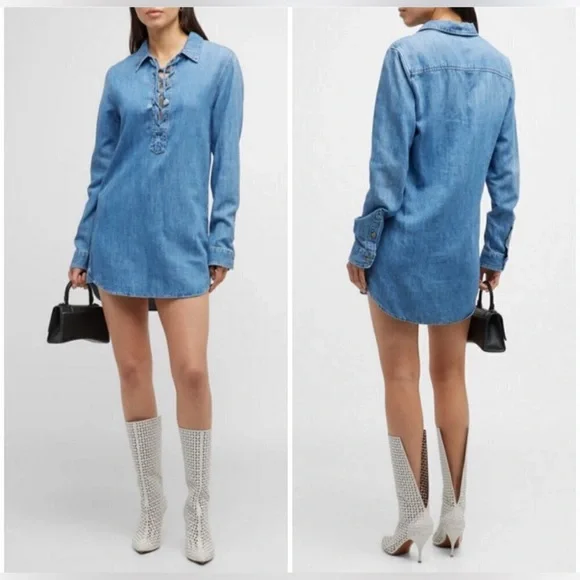 MOTHER Denim The Lace-Up Linen-Blend Shirt Dress Jean Mini Dress Size XS