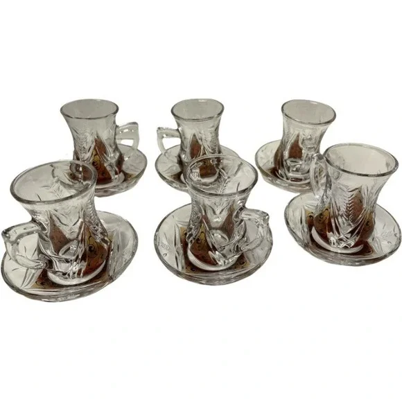 Turkish  Tea Set  Clear Amber Etched Glass 12pc Set