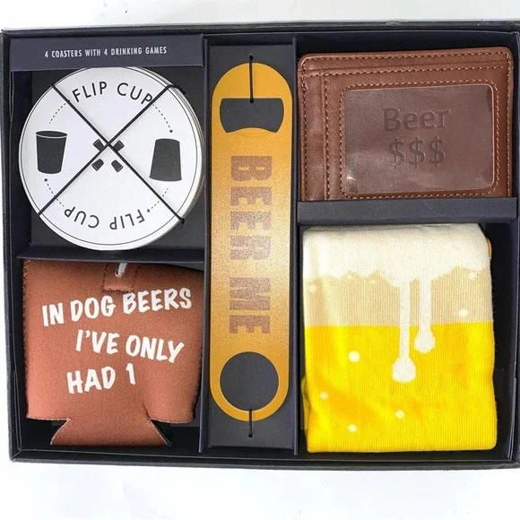 New 4 Coasters With 4 Drinking Games Gift Set Socks Card Wallet Koozie Holder ~