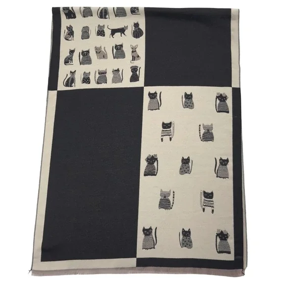 Cat Lovers Scarf Shawl Oversized Black Cream Colorblock‎ Novelty Artsy Modern