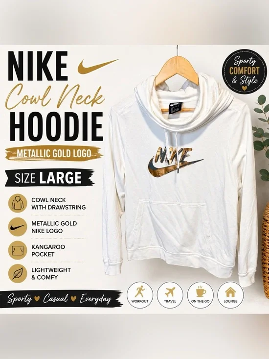 Nike White Cowl Neck Hoodie Metallic Gold Logo Women’s Large