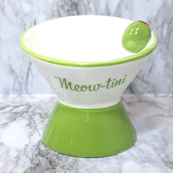 Mellow & Mod Cat Drinking Water Tall Bowl Meow-Tini Handcrafted Green/White