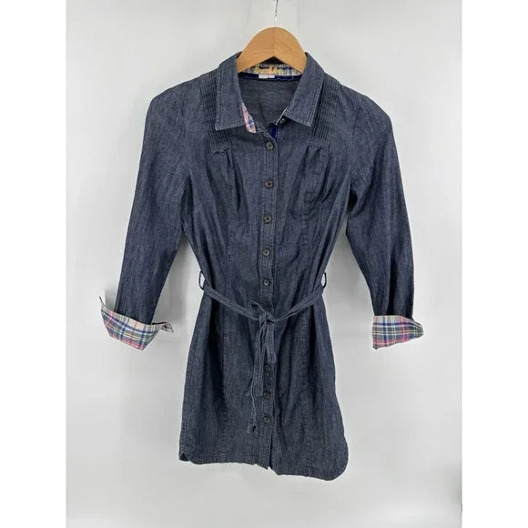 Boden Denim Chambray Button Front‎ Belted Dress Women US 4R Preppy Lagenlook