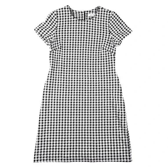 Calvin Klein Houndstooth Sheath Dress Women 6 Black White Short Sleeve Workwear