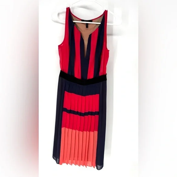 BCBGMaxAzria Red and Navy Pleated Colorblock Midi Dress size 6