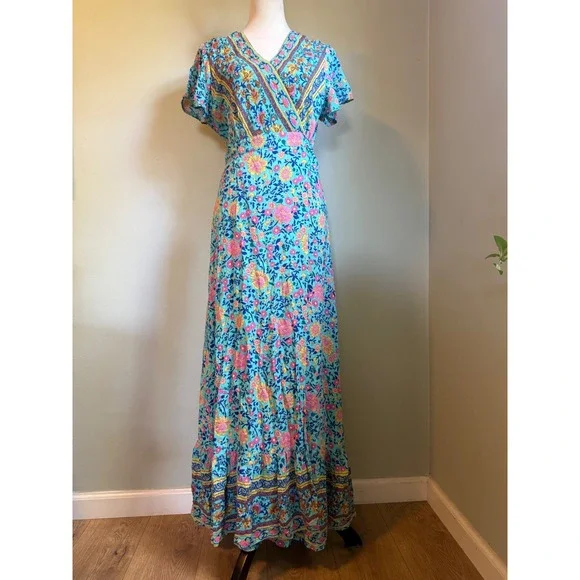 Turquoise Floral Paisley Wrap Maxi Dress Large boho whimsi fairy flowy resort pi