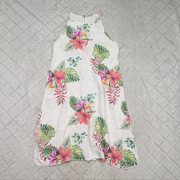 Lungo Larno Dress Dress Womens L White Floral Linen Beach Midi Sleeveless Coast