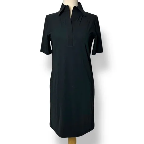 NWT SHAN Women's Black Lycra Polo Dress V-Neck Knee Length Short Sleeve Sz 02