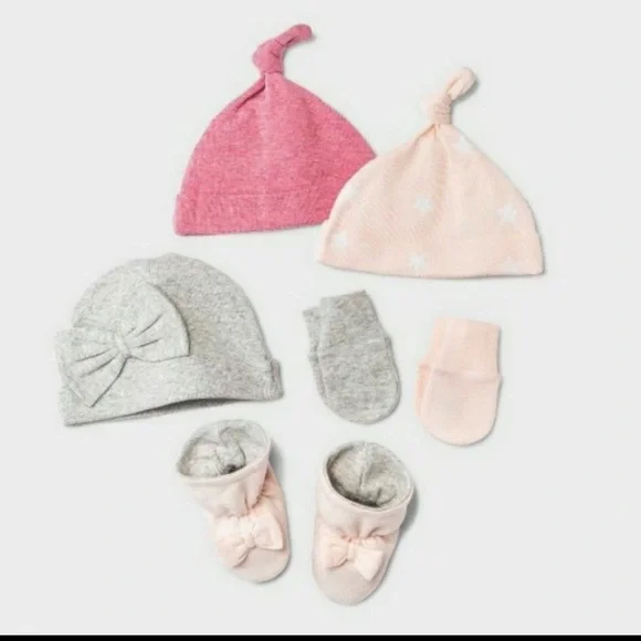 NWT Pink Cloud Island 6pc Newborn Accessories Girl hats mittens booties
