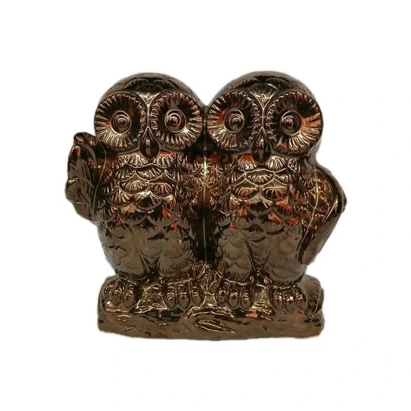 1950s Vintage Owls on a log Shelf Sitter Bronze Color Art MCM Ceramic 9.5 #107B5
