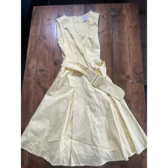 HM Womens Pale Yellow Sleeveless Belted Pleated Fit Flare Midi Dress Size 6
