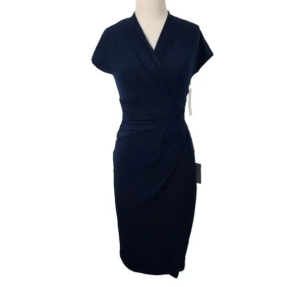 Ivy & Blu Maggy Boutique V-Neck Navy Blue Faux Wrap Dress Size 4 Flowy New