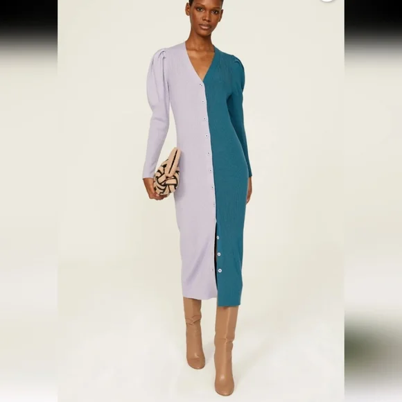Busayo Colorblock Ribbed Purple Teal Midi Sweater Dress Size M