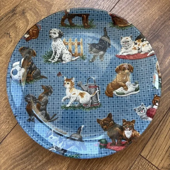 Vintage Decorative Plate Cranston Village VIP Fabric On Glass Puppies‎ Kittens