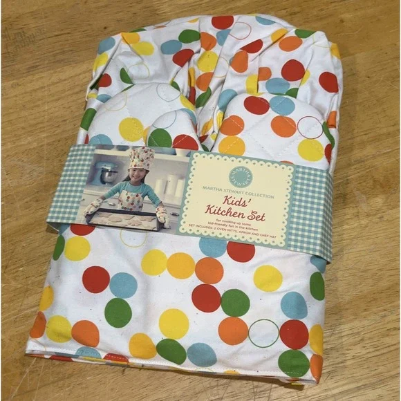 Martha Stewart Kids Kitchen Kit Polka Dot Baking Apron Oven Mitts‎ Chef Hat