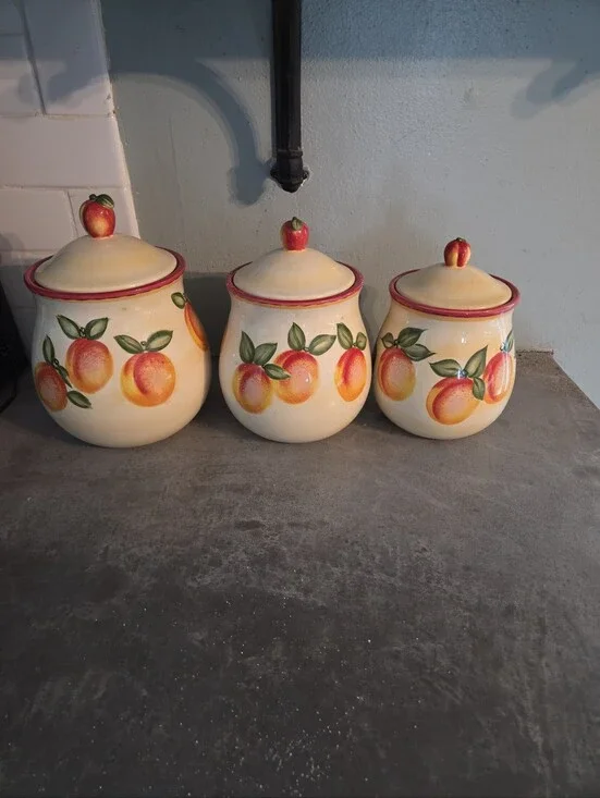 Peach Pattern Ceramic Kitchen Canister Set - Cream and Peach