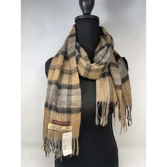 Nordstrom Camel Hair Plaid Scarf Heritage Neutral Fringe VTG Quiet Luxury