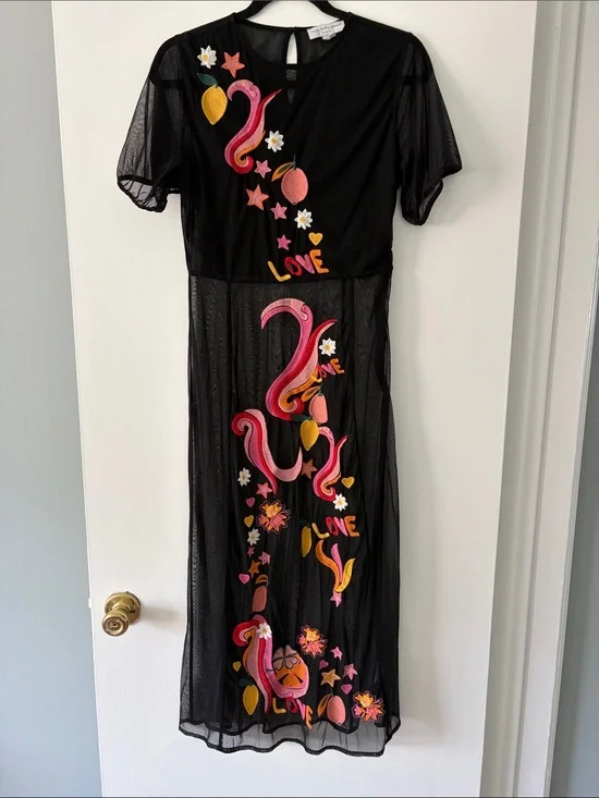Never Fully Dressed Black Mesh Maxi Dress with Pink and Yellow Embroidery