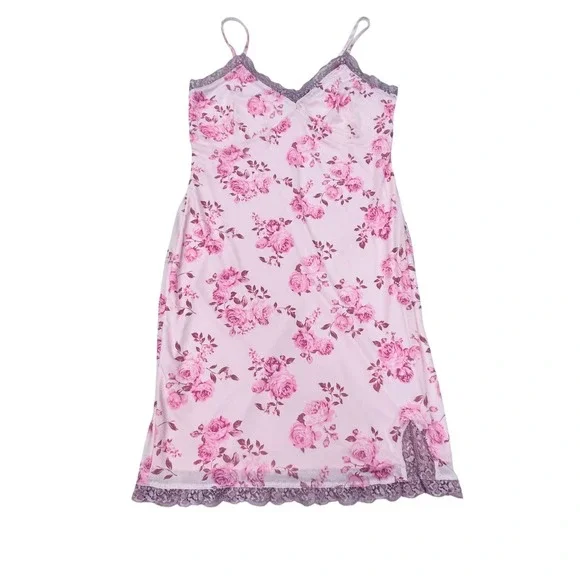 Pink Floral‎ Slip Dress Small Lace Trim Chemise Lingerie Nightgown Y2K Coquette