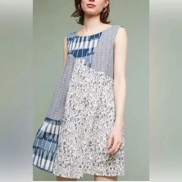 Holding Horses Dress Womens Small Blue Patchwork Sleeveless Boho Anthropologie