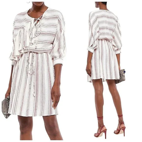 Antik Batik Serifos ruffled striped cotton‎ mini dress Size 42 FR/US 10, NWT