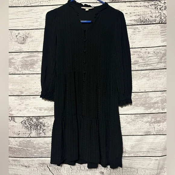 LOFT Petite Small Black Tiered Button Front Dress SP