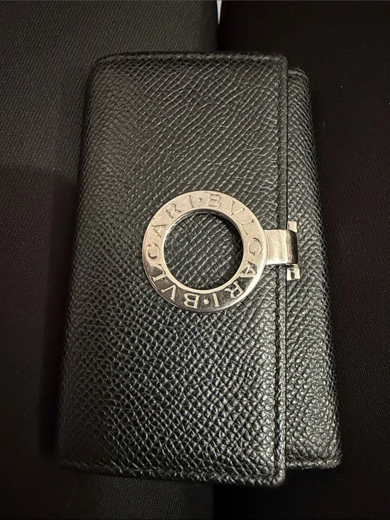 Bvlgari Black Leather Key & Card Holder with Silver BVLGARI Ring