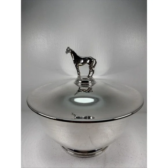 Authentic Vintage silver horse racing bowls Costume Horse On The Lid Unique.