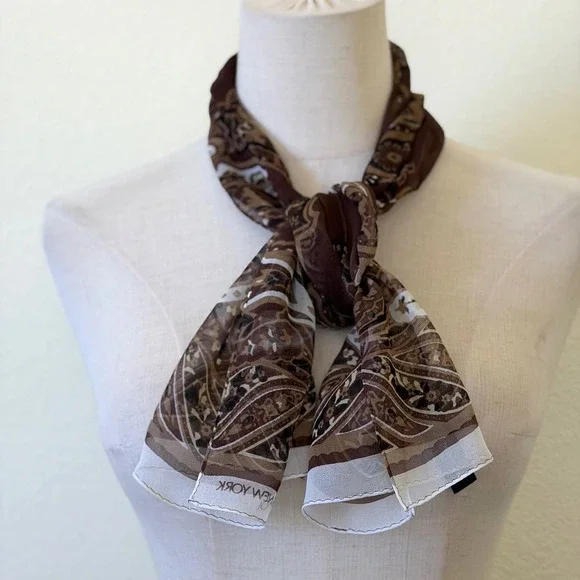 Vintage 90s Silk Hair Scarf Brown Paisley Floral Sheer Lightweight Rectangle