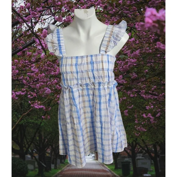 Blu Pepper Plaid Smocked Ruffle Mini dress Blue & Tan Size S