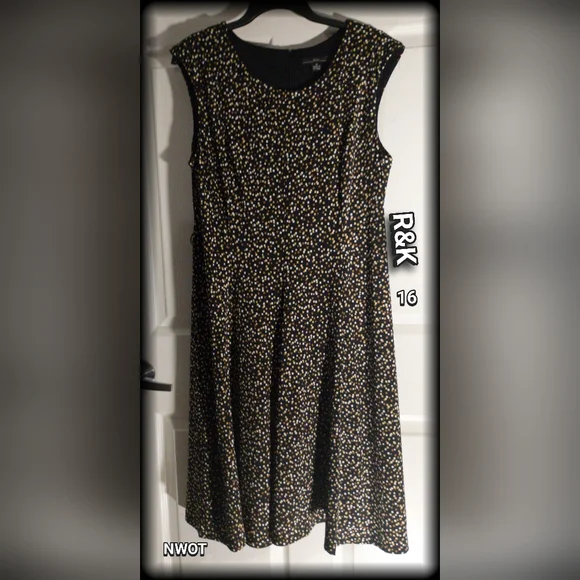 R&K Black Brown Square Pattern Dress Women's Plus Sz 16 Lined Bodice sleeveless