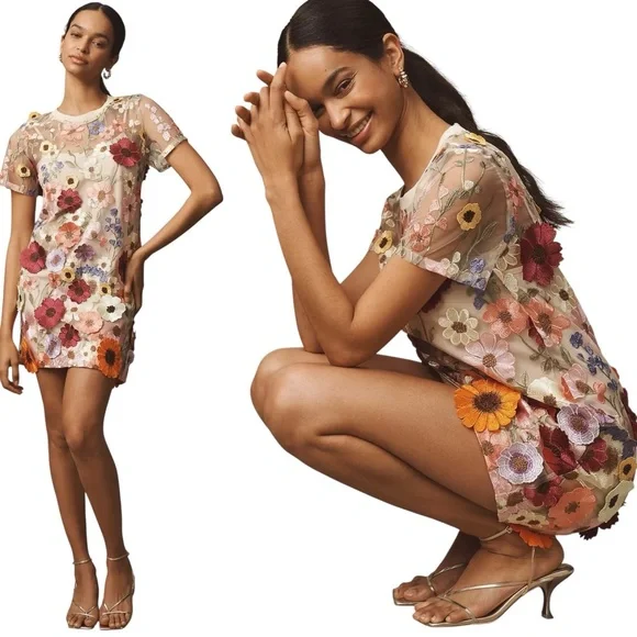 Anthropologie Endless Rose Floral-Embellished Sheer Mini Dress Medium
