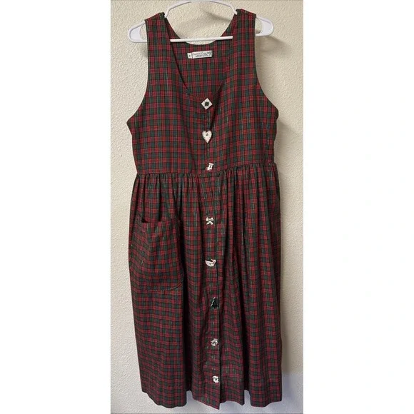 VTG Dogwood Lane Jumper Dress Pinafore Cottagecore Painted Buttons Holiday Plaid