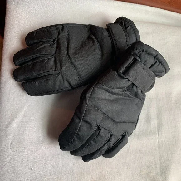 GLOVES - THINSULATE 40g youth medium ski gloves, black, waterproof, hook clip