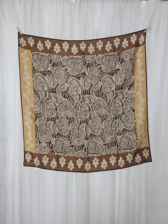 Echo 100% Silk Square Scarf Brown Tan Floral Paisley Boho Neck Hair Bag