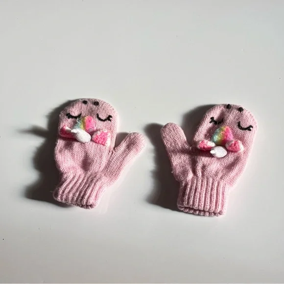 Pink Kids Mittens with Unicorn Detail