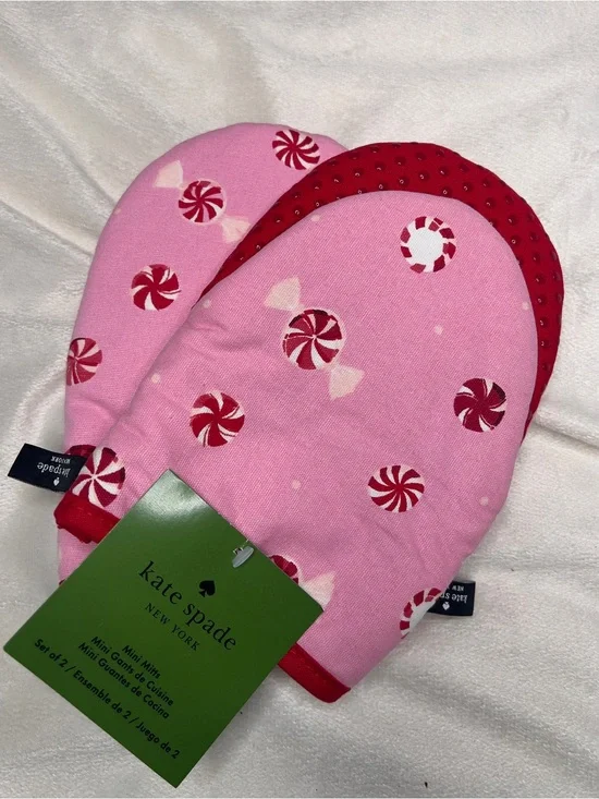 Kate Spade Pink Peppermint Print Oven Mitts with Red Trim